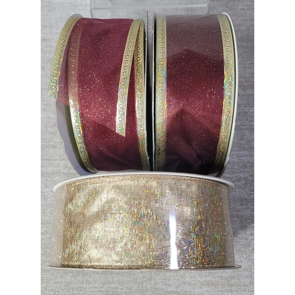 Sams Club Wired Ribbon Spools Burgundy Gold Christmas 2.5 Inch‎ 50 Yard Lot of 3